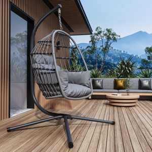1 Piece Patio Foldable Hanging Upholstered Swing Chair,Outdoor Egg Chair With Stand And Metal Frame,Porch Basket Swing Chair-Coolbibila - 1 of 4