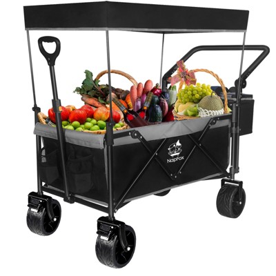 VisioGear Collapsible Wagon with Removable Canopy, Folding Wagon Cart with Cooler Bag, for Camping Beach Shopping, Black&Gray, 45"*20"*47"