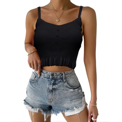 Womens Knit Camisole Tank Tops Strap Cropped Tank Tops with Ruffle Hem Front Button V Neck Cropped Camisole