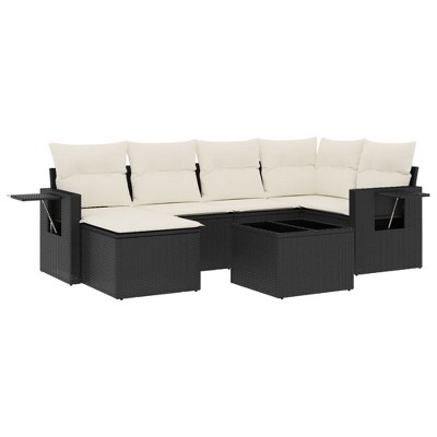 vidaXL 7 Piece Patio Sofa Set with Cushions Black and Cream Poly Rattan - Without Table