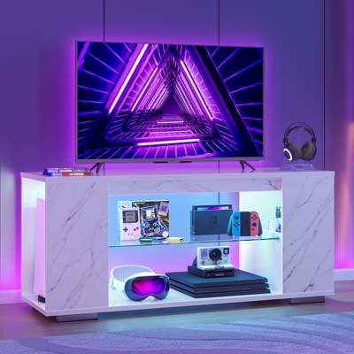 PINMOCO High Glossy TV Stand for TVs up to 55 inch Gaming Media Console with LED Lights and Open Storage Shelves Entertainment Center
