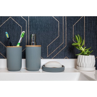 Gray Ribbed Bamboo and Plastic 4-Piece Bathroom Set