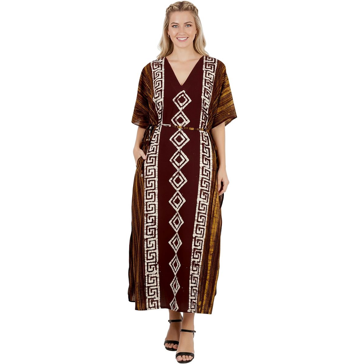 LA LEELA Summer Cotton Premium Caftan Dress for Women Resortwear Vacation Cruise Holiday Loungewear Beachwear Outfit 2X-3X Brown Geometric