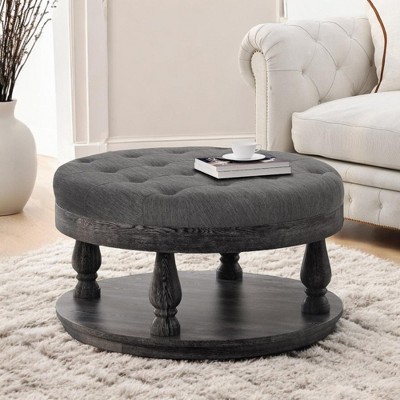 Alilang 40.00 inches Round Tufted Upholstered Coffee Table Ottoman with Lower Shelf-Black