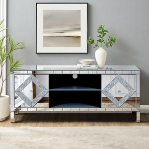 47" Modern Glam Silver Mirrored TV Stand for 50 Inch TV,Media Console with Sparkling Diamond Shap Crystal Doors and Open Storage-Baofuwish - 1 of 4