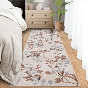 Acekool 2x6 Floral Runner Rug - Washable Vintage Non-Slip Kitchen Rug for Hallway, Entryway, Bedroom & Bathroom in Neutral Beige - 1 of 4