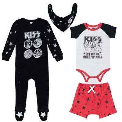 KISS Infant Baby Boys 4 Piece Outfit Set: Sleep N' Play Coverall Bodysuit Shorts Bib Red/White/Black 24 Months