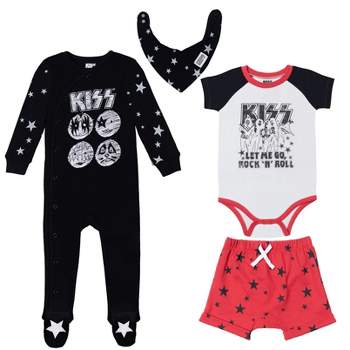 KISS Baby Sleep N' Play Coverall Bodysuit Shorts and Bib 4 Piece Outfit Set Newborn to Infant