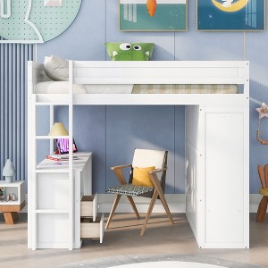 CAVINAS Twin Size Loft Bed with Desk Modern Wood Bed Frame with Drawers, Wardrobe and Guardrail for Bedroom - 1 of 4
