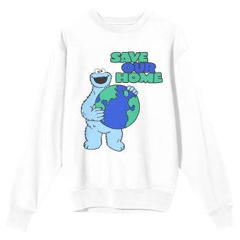 Sesame Street Cookie Monster Save Our Home Crew Neck Long Sleeve White Adult Sweatshirt