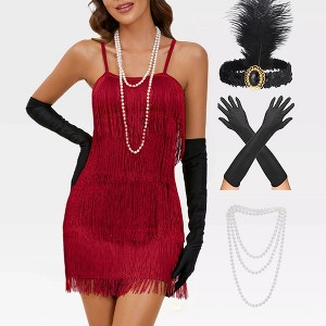 Womens Roaring 20s Costumes Flapper Dress 1920s Gatsby Vintage Fringe Dress Spaghetti Strap Dress for Gatsby Theme Party,Red - S - 1 of 4