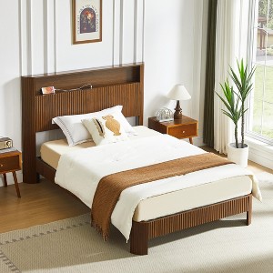 Okak Queen/Full Size Wooden Platform Bed Frame with Storage Headboard & Charging Station,Modern Curved Lines Master Bedroom Bed - 1 of 4
