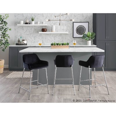 Black Velvet and Chrome Modern Counter Stools, Set of 2