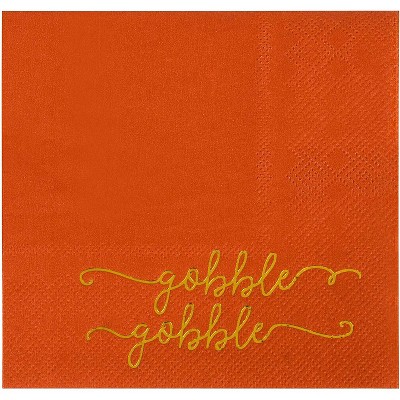 Blue Panda 50-Pack Gobble in Metallic Gold Foil Orange Thanksgiving Disposable Paper Cocktail Party Napkins