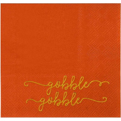 Blue Panda 50-Pack Gobble in Metallic Gold Foil Orange Thanksgiving Disposable Paper Cocktail Party Napkins