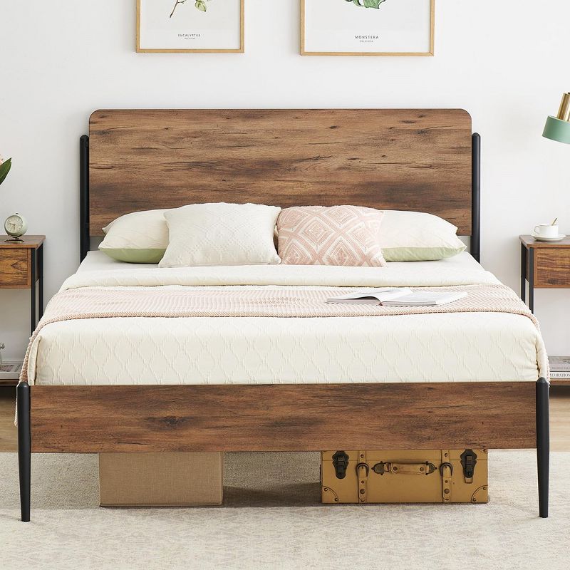 Queen Bed Frame with Wooden Look Headboard, Metal Bed Frame with Under Bed Storage, No Box Spring Needed, Walnut Color, 3 of 10