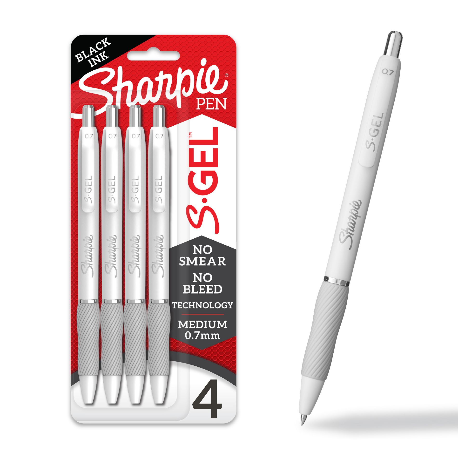 Sharpie 4pk S-Gel Pens Black Ink 0.7mm Medium Tip White Barrel: Retractable, Contoured Rubber Grip, Pocket Clip, Stationery