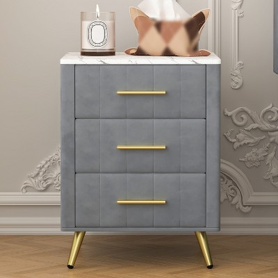 Modern Upholstered Nightstand with 3 Drawers, Wood Sofa Side Table with Metal Handles, Accent Bedside Table, Narrow End Table for Living Room Bedroom