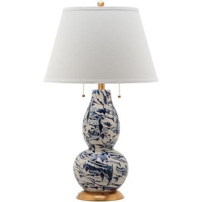 Navy and White Marbleized Glass Table Lamp Set with Gold Accents