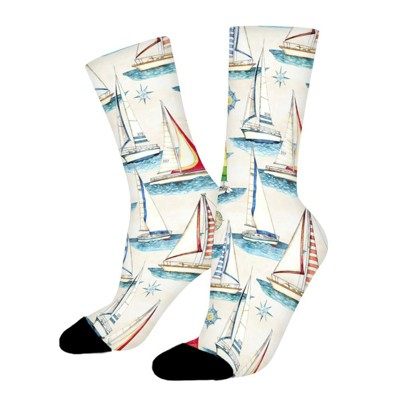 Sailing Sea Boats Women Printed Crew Socks Funny Funky Socks Soft Polyester Novelty Gifts for Artists Men