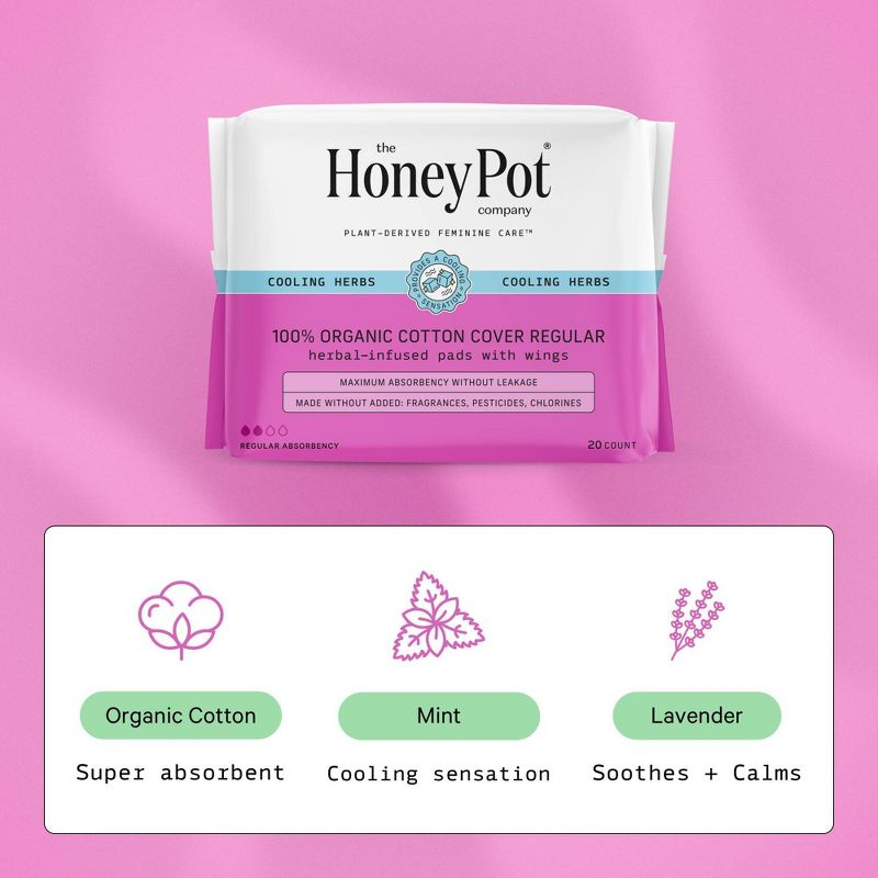 The Honey Pot Company, Herbal Regular Pads with Wings, Organic Cotton Cover - 20ct, 4 of 17