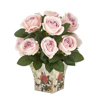 Nearly Natural 11-in Rose Artificial Arrangement in Floral Vase