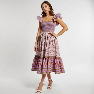 Knit & Lounge Women’s Smocked Bodice Flutter Sleeve Midi Dress Tiered Hem Mixed Floral Print Feminine Fit