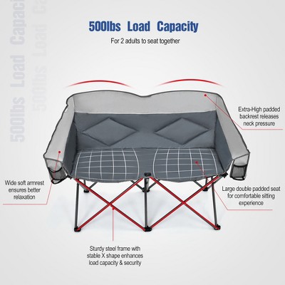 Gray Steel Folding Camping Loveseat Chair with Padded Backrest