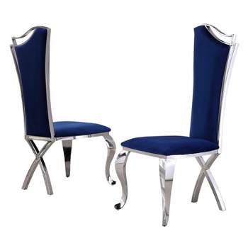 Elegant Navy Blue Velvet Side Chairs with Silver Stainless Steel (Set of 2)
