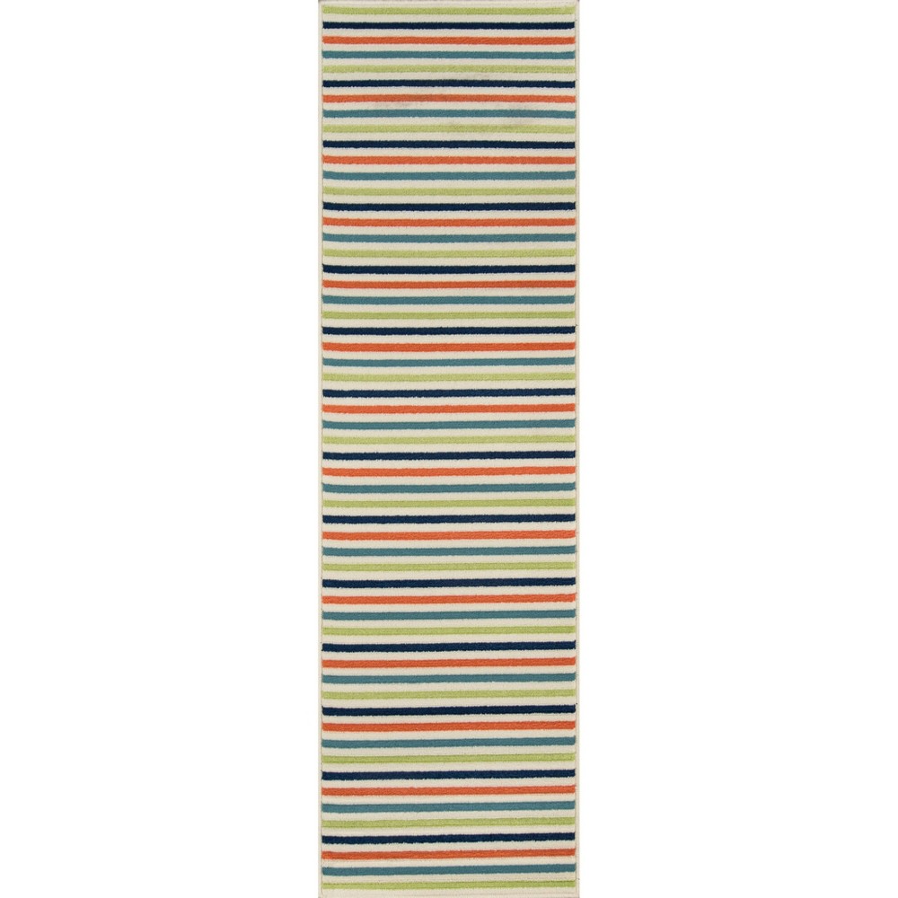 2'3 x8' Runner Stripe - Momeni This elegant indoor/outdoor all-weather area rug offers everything you need to complete the ultimate outdoor room. Repeating stripes, diamonds, trellis and arabesque shapes meet nautical icons like ropes, anchors and waves, adding a luxe layer to all interior and exterior living spaces, including patios, porches and pool decks. Durable power-loomed construction ensures each decorative floorcovering transitions beautifully from season to season while the vibrant color palette and enduring polypropylene fibers offer endless design possibilities indoors and out. Size: 2'3 X8' RUNNER. Color: MultiColored.