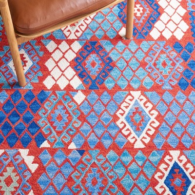 Aspen Blue and Red Handmade Wool Geometric Rug