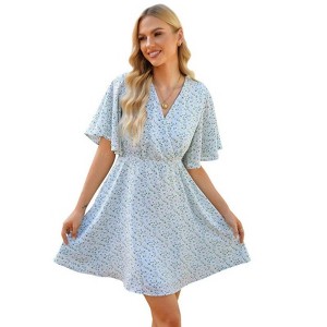 Coolmee Women's Summer Floral Sundress Short Sleeve Wrap V Neck A-Line Midi Dress - 1 of 4