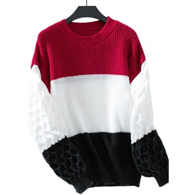 Women's Casual Trendy Loose Crew Neck Long Sleeve Colorblocked Ribbed Knit Sweater Top