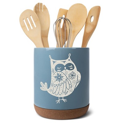 Elanze Designs Kitchen Utensil Holder With Non Slip Cork Base Large 8 Inch Ceramic Storage Crock Forest Animal Countertop Organizer Floral Owl Sky