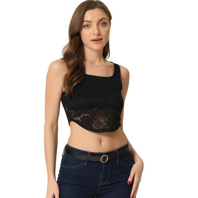 Allegra K Women's Women's Sleeveless Semi-sheer Floral Lace Crop Tank Tops  Black X-small : Target