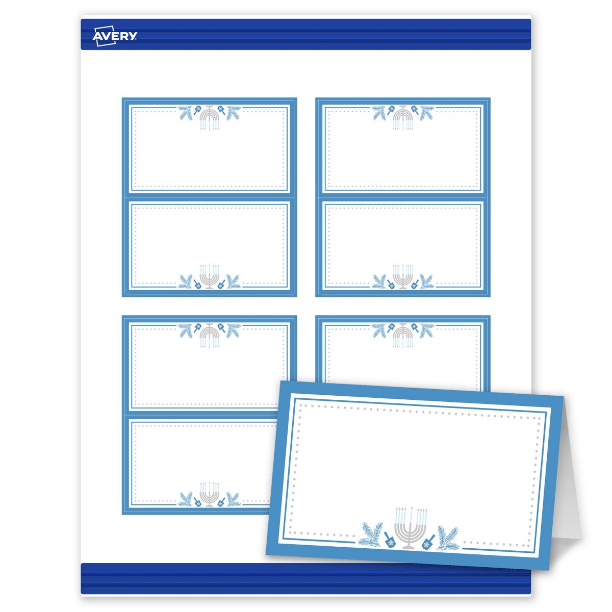 Avery® Tent Cards, 2" x 3.5", Matte, Silver Menorah Frame, 80