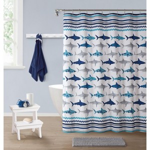 Kate Aurora Montauk Accents Complete 5 Piece Juvi Sharks Themed Fabric Shower Curtain Bathroom Set - 1 of 4