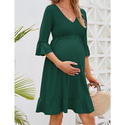Maternity Women 3/4 Sleeve Smocked V Neck Dress Fall Casual Boho Flowy Ruffle Midi Dress for Baby Shower Photoshoot