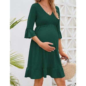 Maternity Women 3/4 Sleeve Smocked V Neck Dress Fall Casual Boho Flowy Ruffle Midi Dress for Baby Shower Photoshoot - 1 of 4