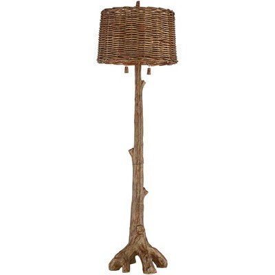 Rustic Faux Wood Floor Lamp with Wicker Shade