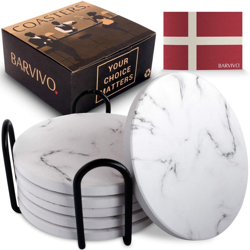 Barvivo Marble Absorbent Coasters for Drinks with Holder, 6 Pcs, White, 1 of 6