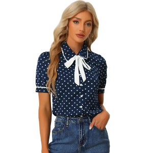 Allegra K Women's Polka Dots Peter Pan Collar Tie Neck Short Sleeve Shirt - 1 of 4