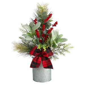Nearly Natural 20-in Holiday Winter Greenery, Pinecone and Berries with Buffalo Plaid Bow Artificial Christmas Table Arrangement - 1 of 4
