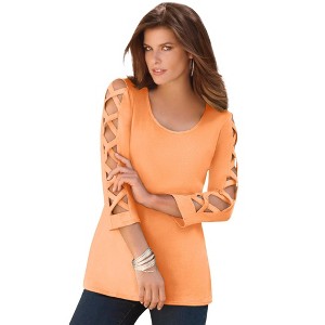 Roaman's Women's Plus Size Lattice Sleeve Ultimate Tee - 1 of 4