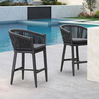 PURPLE LEAF Outdoor Bar Stools Set of 2 Patio Metal Modern Wicker Bar Chairs Woven Aluminum Barstools