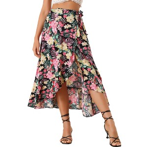 Allegra K Women's Tropical Floral Print Ruffle Self Tie Knot Split Beach Wrap Midi Skirt - 1 of 4