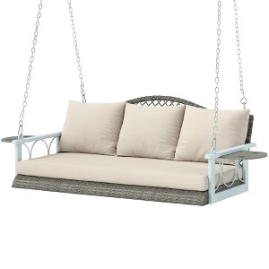 Resenkos 3-Person Wicker Swing Bench, Outdoor Patio, Porch, Natural, Comfortable Cushions, Cup Holders, - 1 of 4