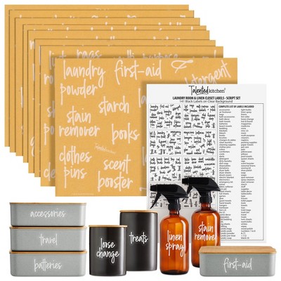 Talented Kitchen 141 Laundry Room Labels for Jars - Preprinted White Script Stickers for Closet, Bathroom Organization (Water Resistant)