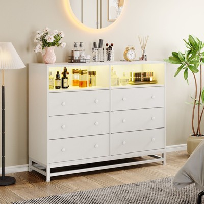 6-Drawer Dresser with Charging Station and LED Lights, Wood Dresser TV Stand, Chest of Drawers Storage Organizer for Living Room, Entryway,  Bedroom