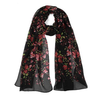 Allegra K Womens Long Shawl Floral Silk Chiffon Beach Soft Scarf 63x20  White-Purple Flower Print